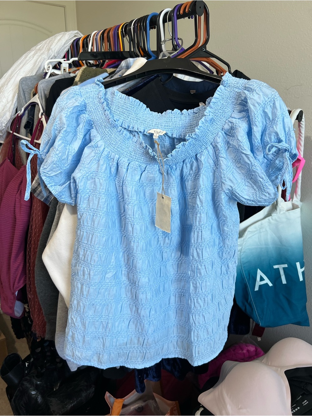 easel Light Blue Smocked Off-Shoulder Puff Sleeve Blouse With Ties